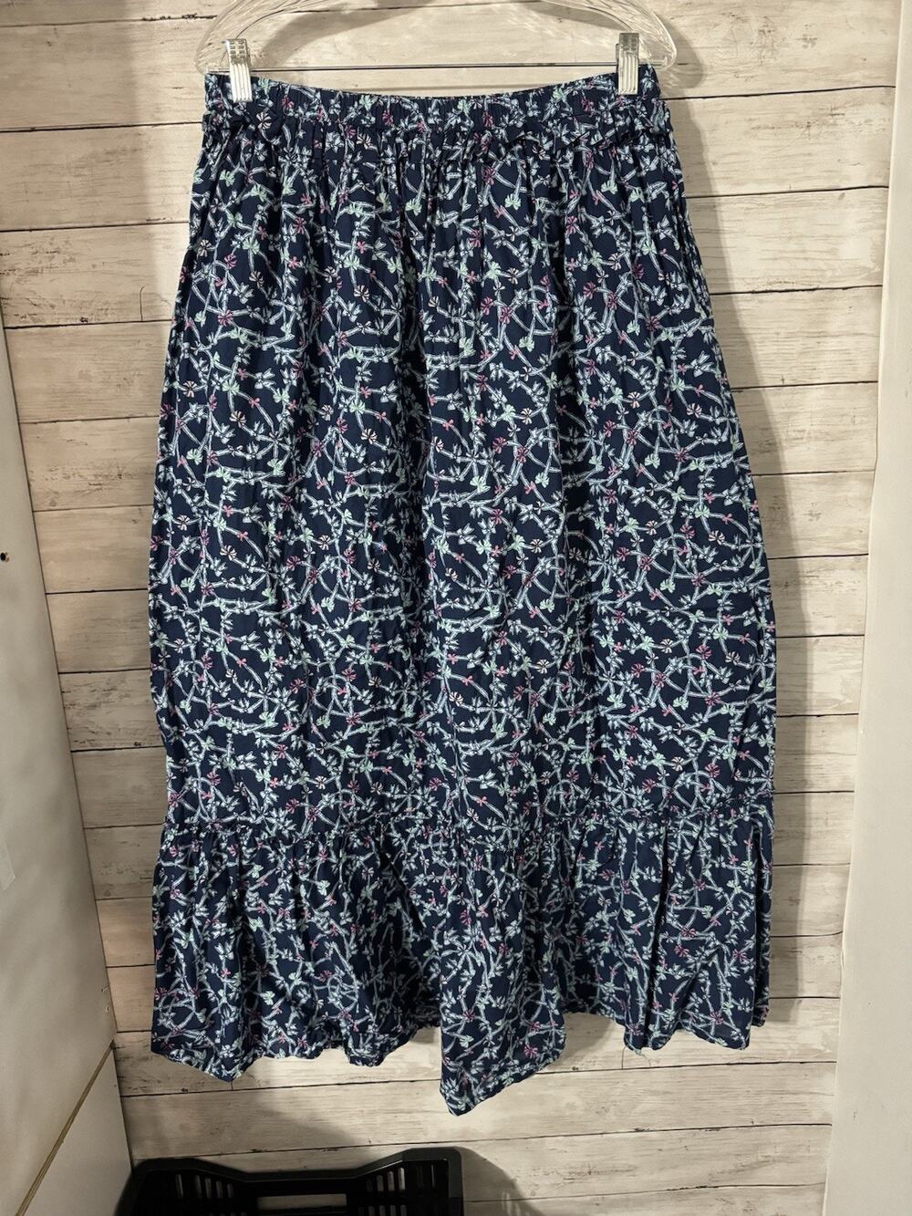 Simply Southern Ophelia Tiered Maxi Skirt Womens L Navy Ribbon Bow Pockets